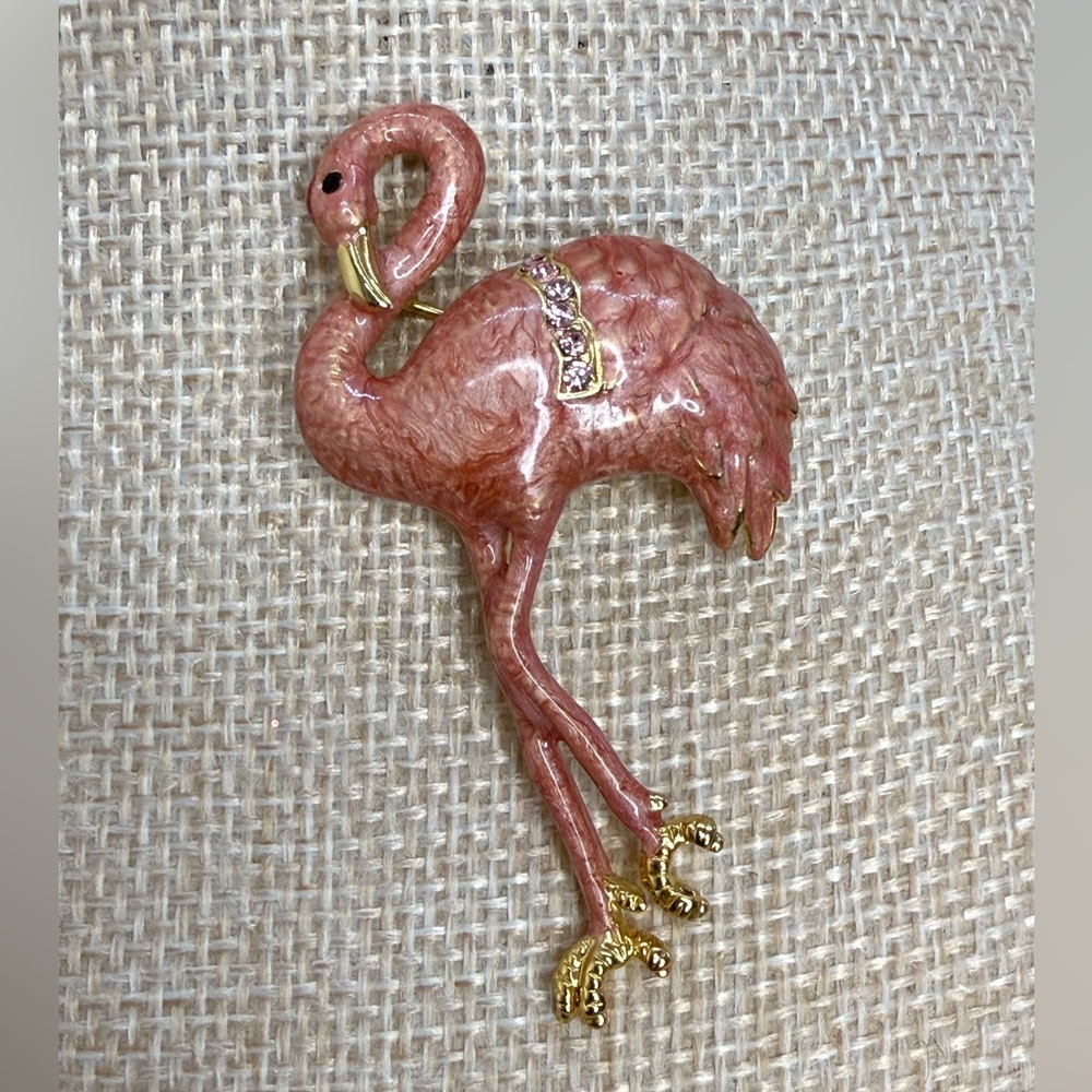 EUC Pink Flamingo Vintage Brooch with Gold Accents Pin Rhinestone